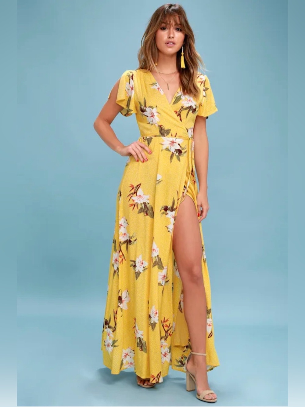 NWT Lulus Heart of Marigold Dress Women S Yellow Floral Wrap Maxi Tropical
